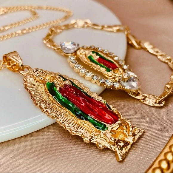 Our Lady Of Guadalupe 3D Enamel Pendant Curb Diamond Cut Design Necklace Gold - Picture 7 of 10